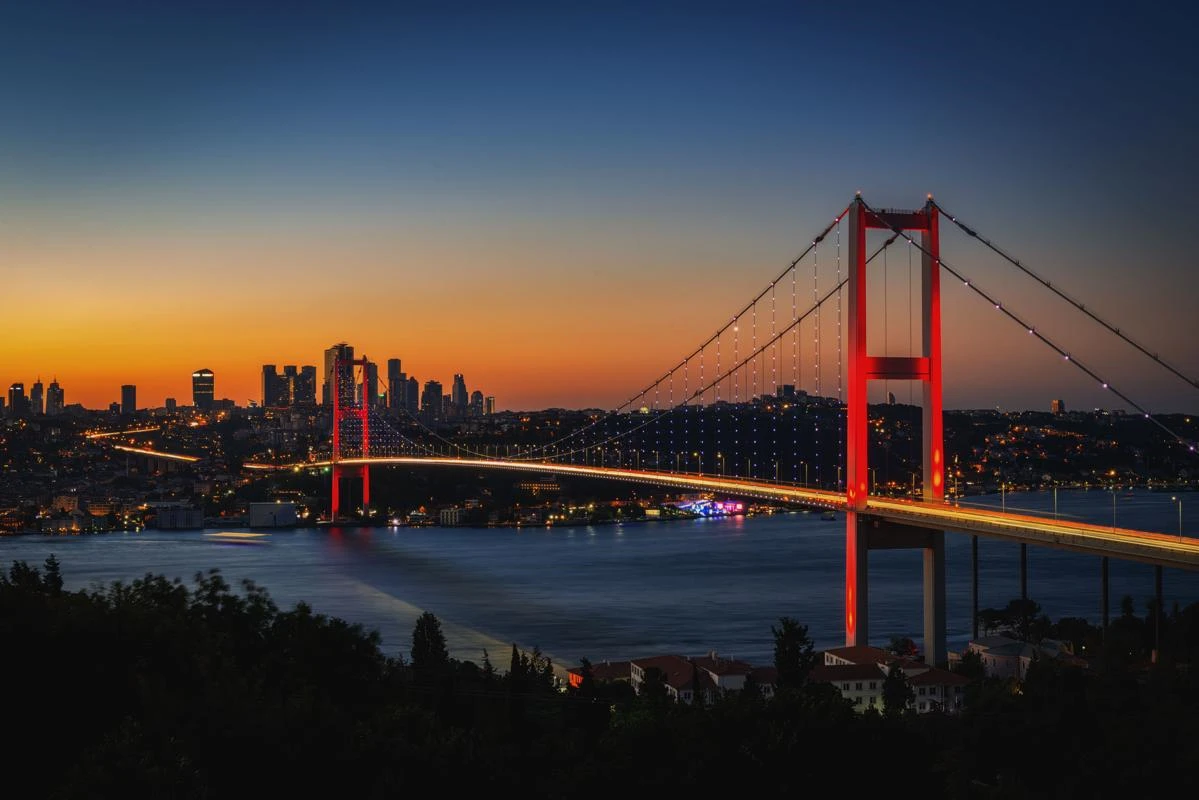 bridge over river in sunset