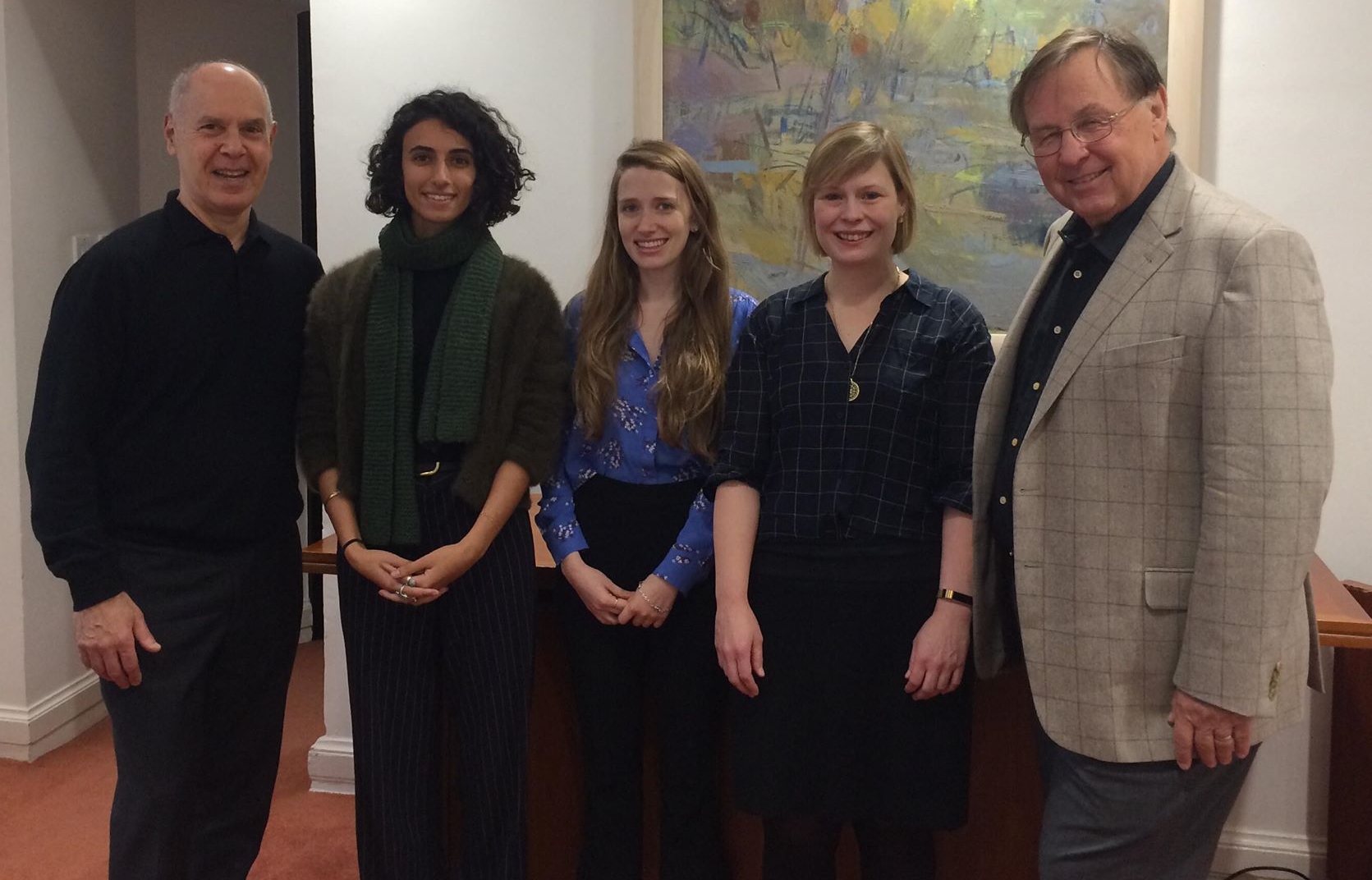 US Centre Director Peter Trubowitz with 2018-19 PhD Summer Grant recipients Marral Shamshiri-Fard, Jacklyn Majnemer, and Ariel Perkins and the programme donor Dr Harold Glass. 