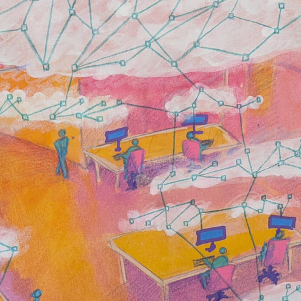 A pink and yellow abstract image of an office with people working, chatting and walking around. Above their heads are clouds of network connections.  It was painted with guache and drawn with pencils. 