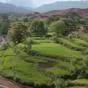 Green tiered agriculture fields and irrigation channels cutting through a valley in Morocco.