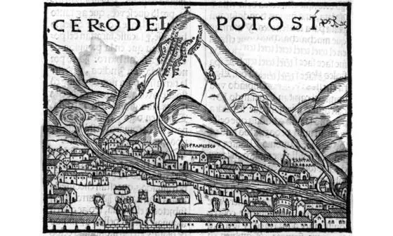 Woodcut of Potosi, legendary Peruvian silver mine