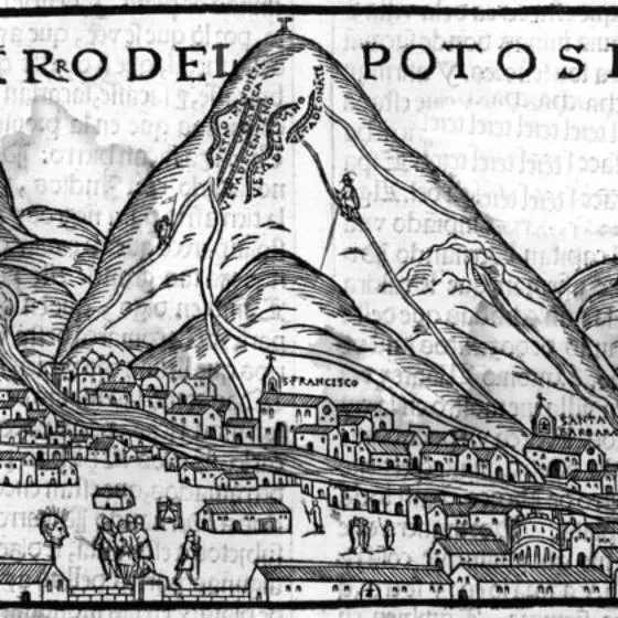 Woodcut of Potosi, legendary Peruvian silver mine