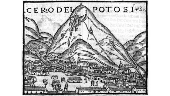 Woodcut of Potosi, legendary Peruvian silver mine