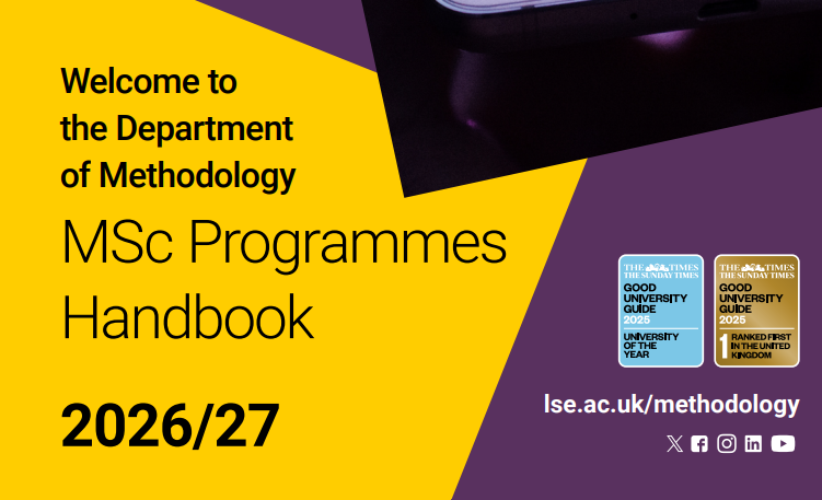 Cover of the Methodology MSc handbook with text saying "Welcome to the Department of Methodology: MSc Programmes Handbook 2026/27"