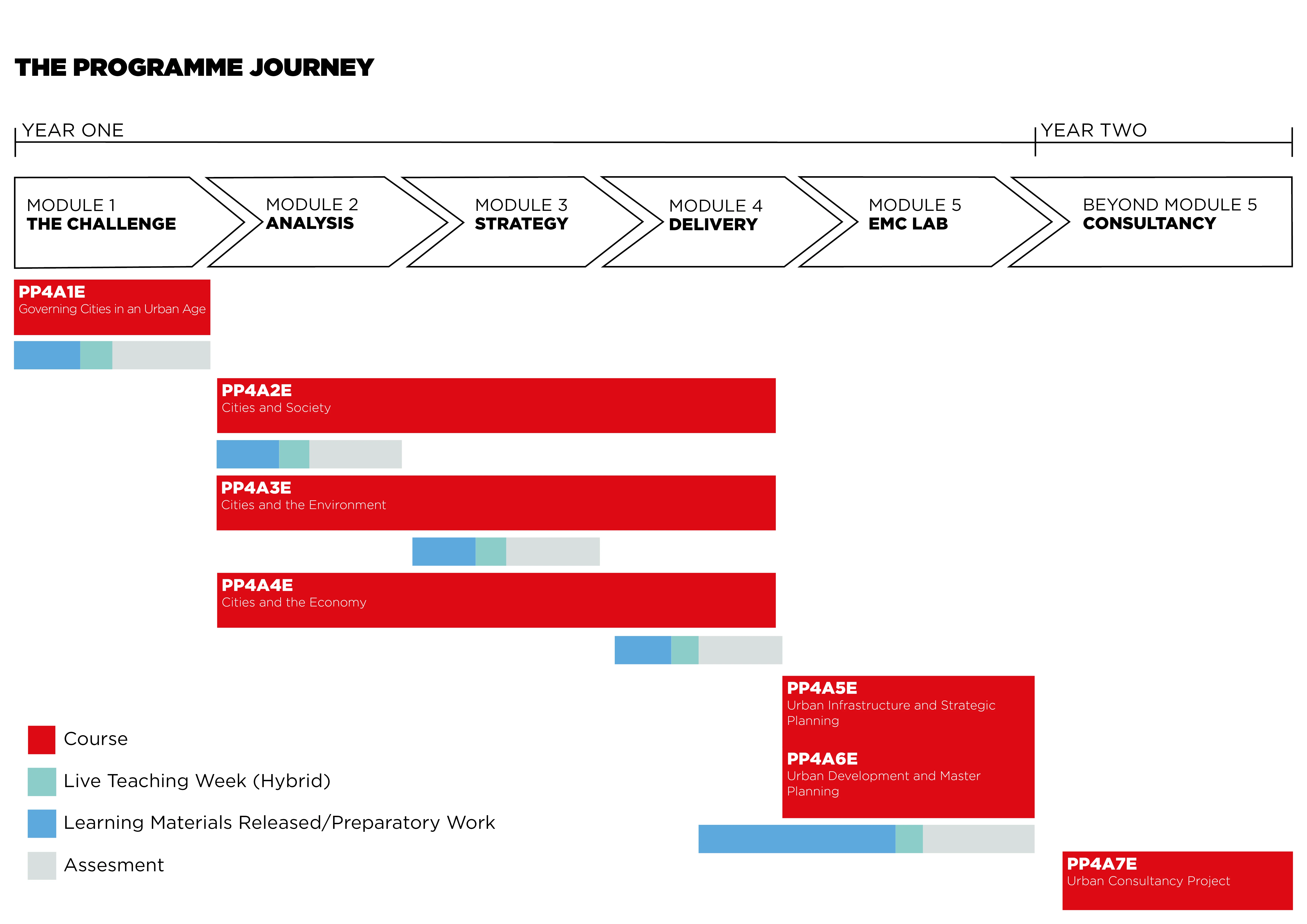A graphic illustrating the programme structure and programme journey on the Executive MSc in Cities