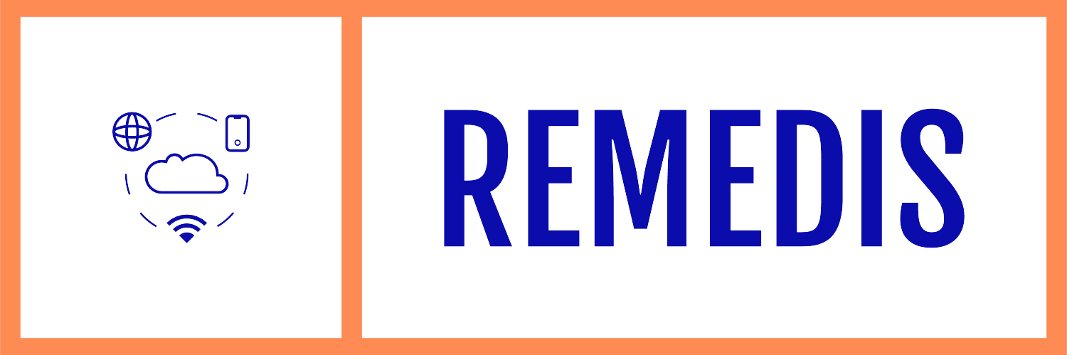 Orange box with REMEDIS and logo with a cloud, phone and wifi