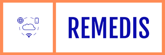 Orange box with REMEDIS and logo with a cloud, phone and wifi