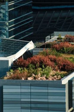 photo of a tall city building with greenery on the roof
