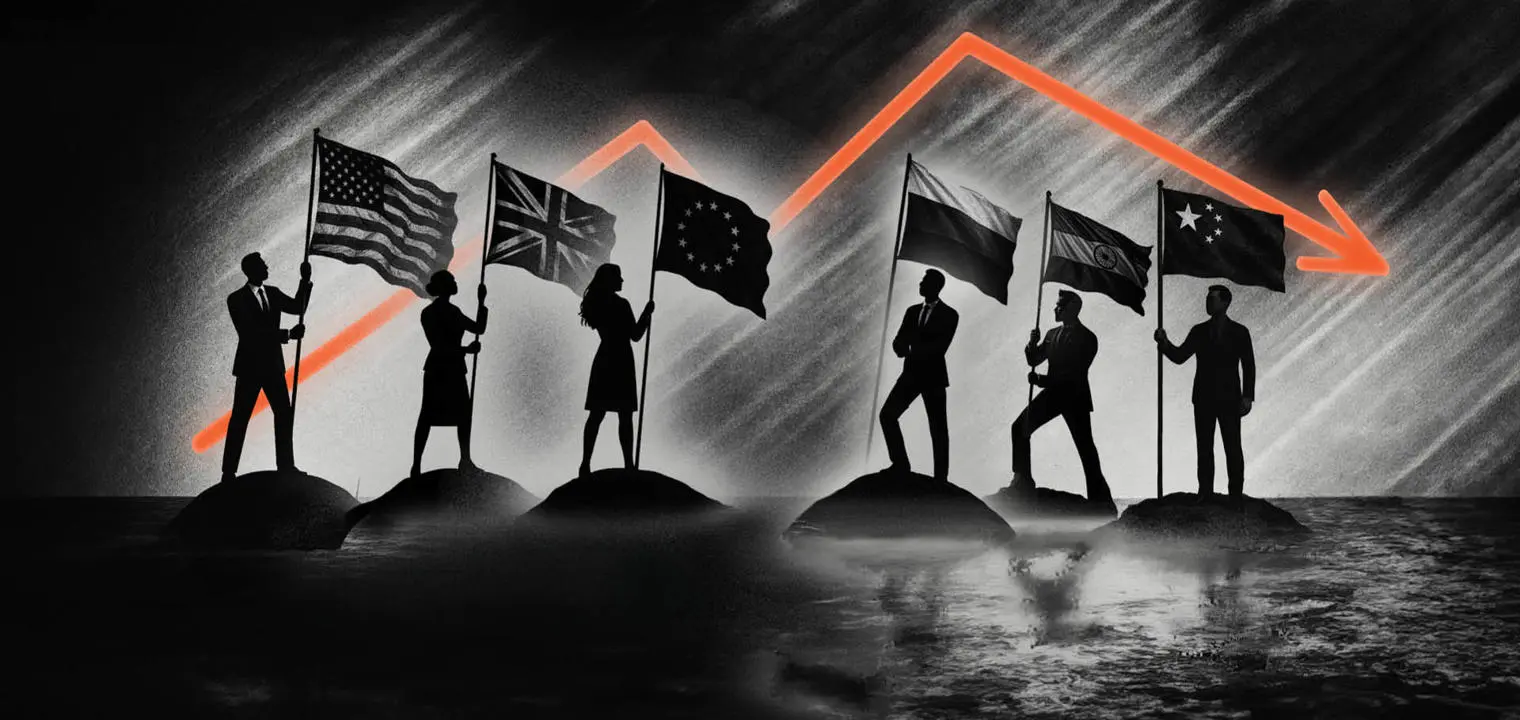 People holding national flags while standing on top of mounds of earth