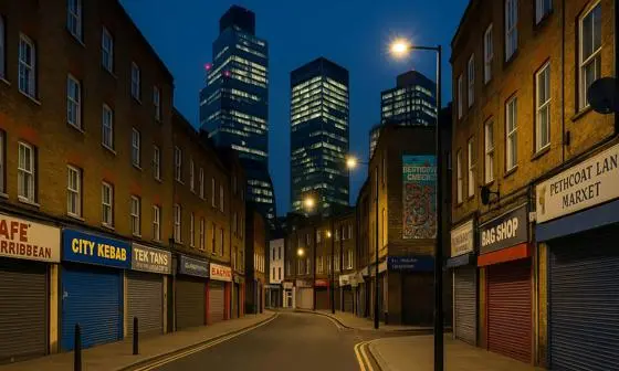 Urban high street with skyscrapers in the background