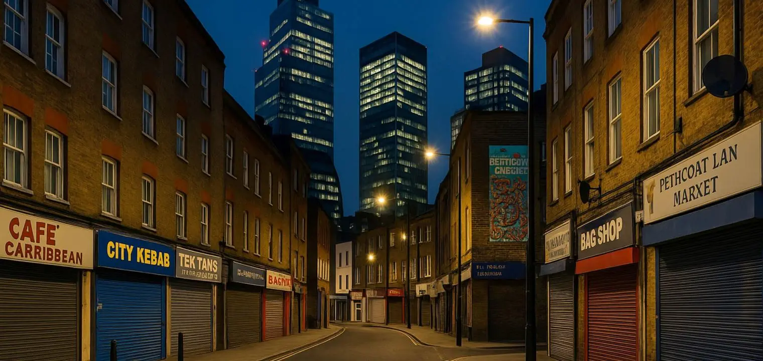 Urban high street with skyscrapers in the background