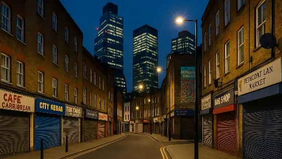 Urban high street with skyscrapers in the background