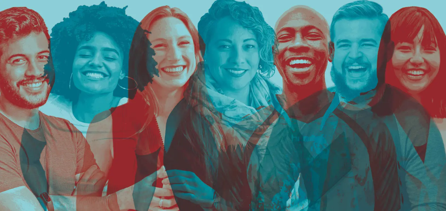 Men and women smiling appearing happy.