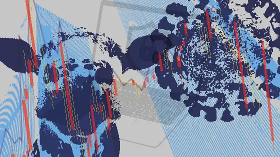 Abstract illustration of a cow, a virus spore and a laptop.