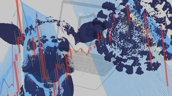 Abstract illustration of a cow, a virus spore and a laptop.