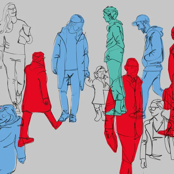 Outlines of people walking.