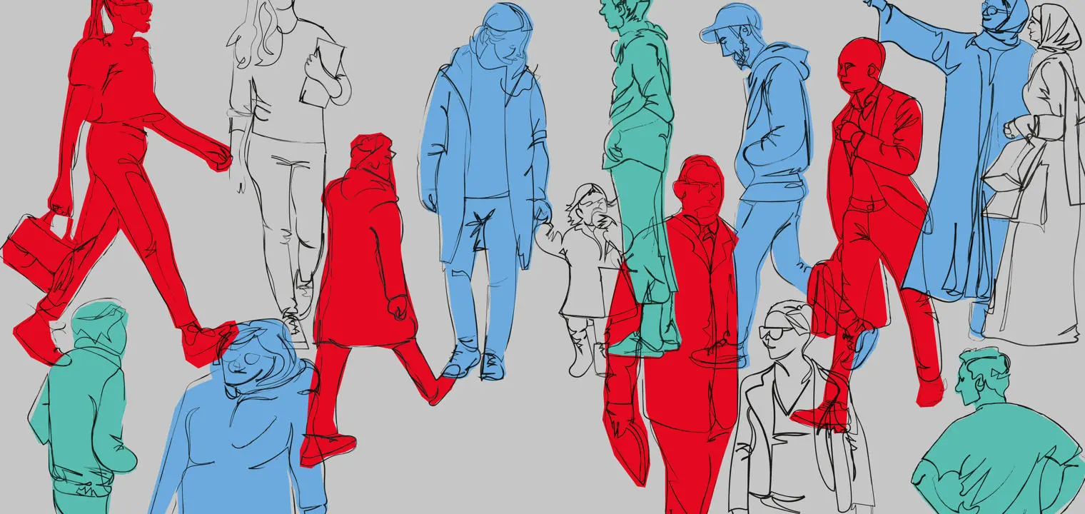 Outlines of people walking.