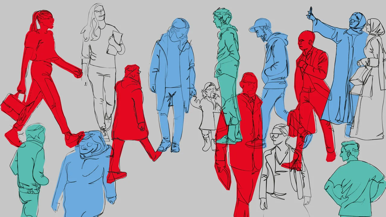 Outlines of people walking.