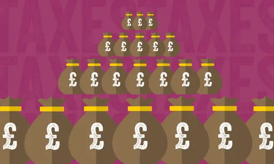 Illustration showing a pyramid of money bags with pound signs on them.