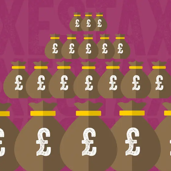 Illustration showing a pyramid of money bags with pound signs on them.