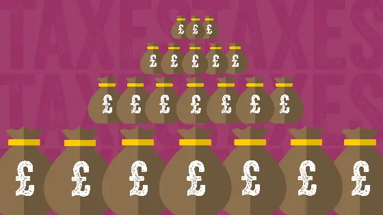 Illustration showing a pyramid of money bags with pound signs on them.