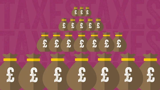 Illustration showing a pyramid of money bags with pound signs on them.