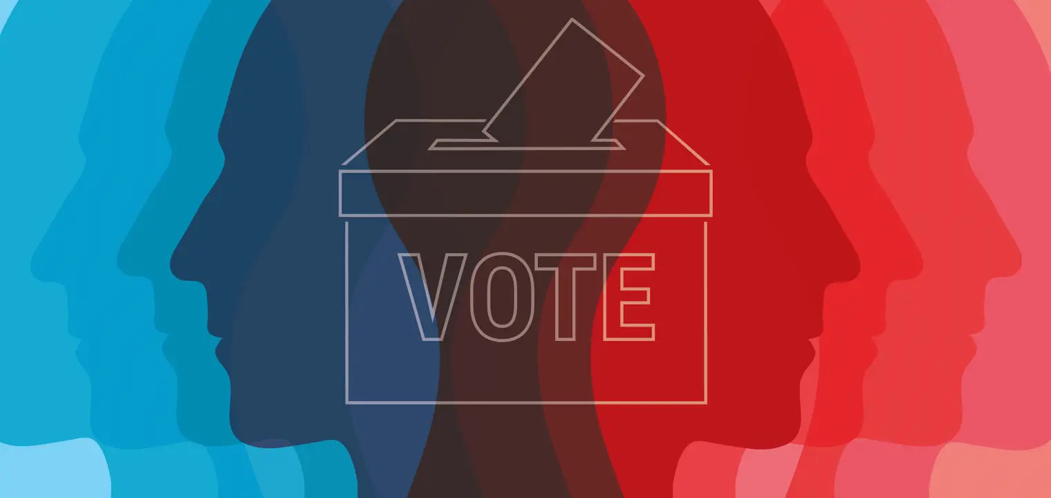 Illustration of a vote box with heads either side.