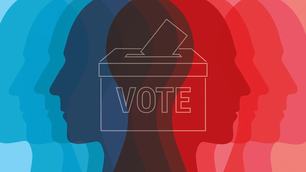 Illustration of a vote box with heads either side.