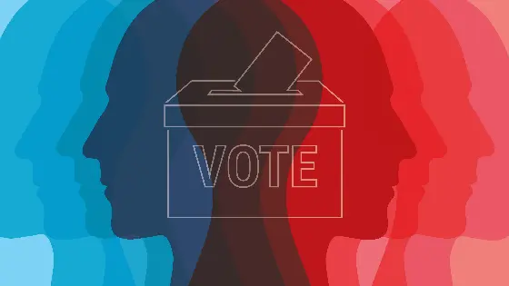 Illustration of a vote box with heads either side.