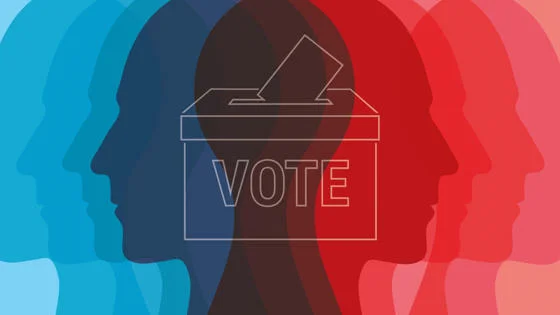 Illustration of a vote box with heads either side.