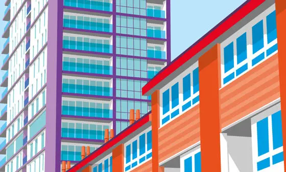 Colourful illustration of high rise housing.
