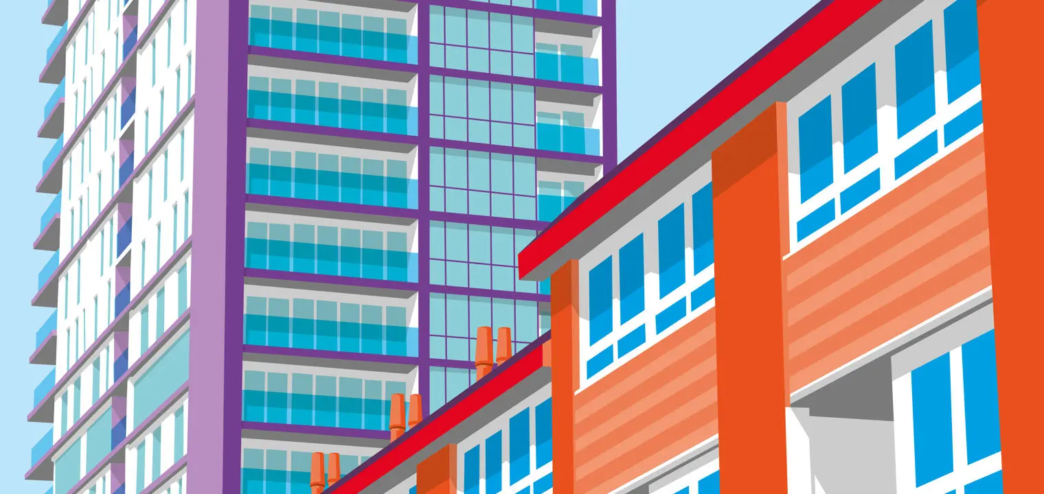 Colourful illustration of high rise housing.