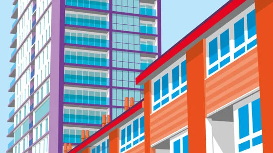 Colourful illustration of high rise housing.