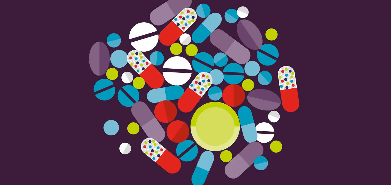 An illustration showing a collection of medicinal pills