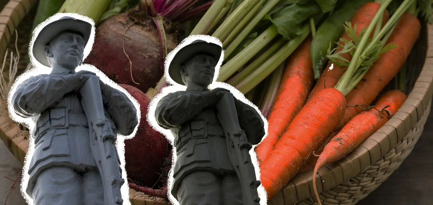 soldiers in front of a basket of vegetables