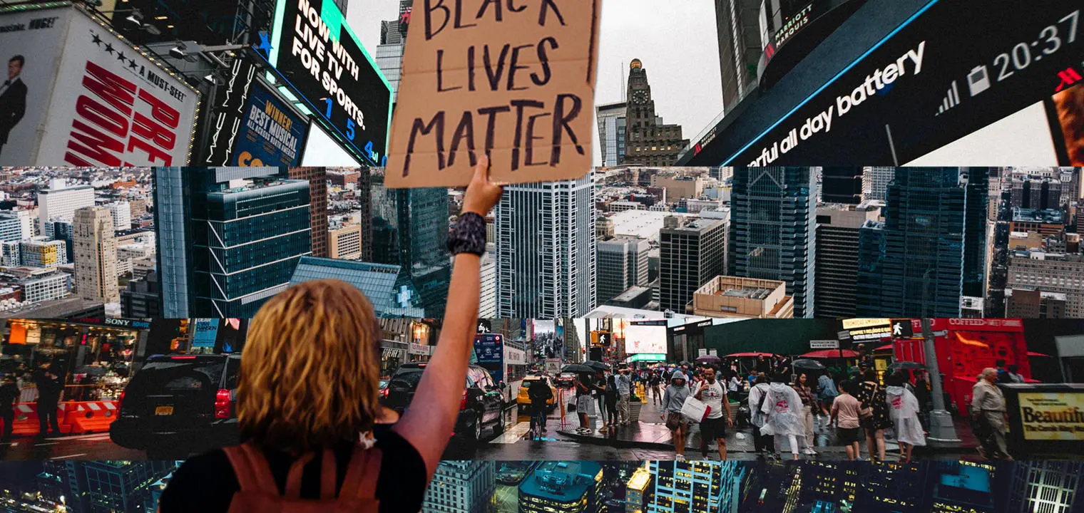 Black lives matter sign with urban building scenes