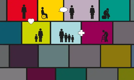 Brightly coloured blocks interspersed with graphic depictions of people