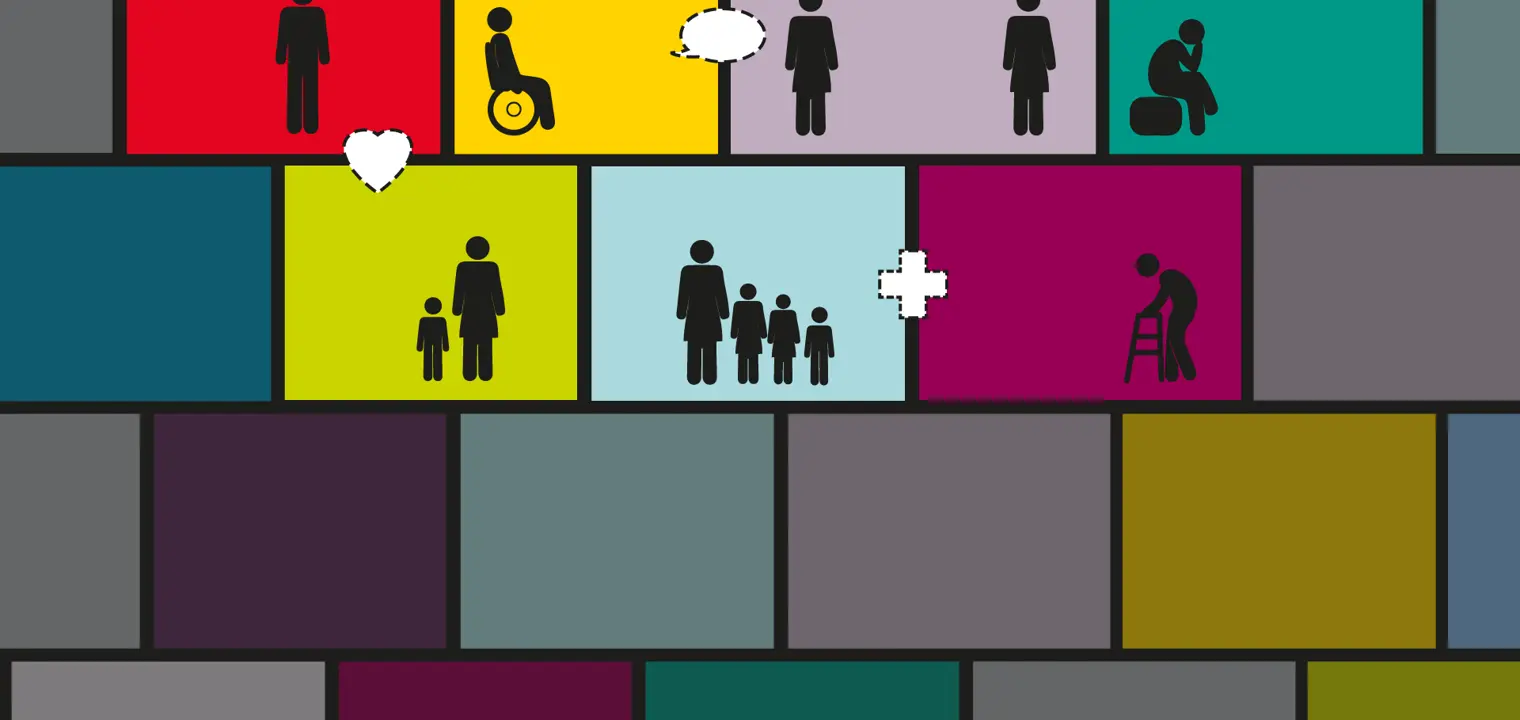 Brightly coloured blocks interspersed with graphic depictions of people