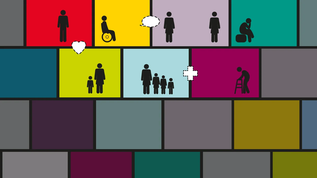 Brightly coloured blocks interspersed with graphic depictions of people