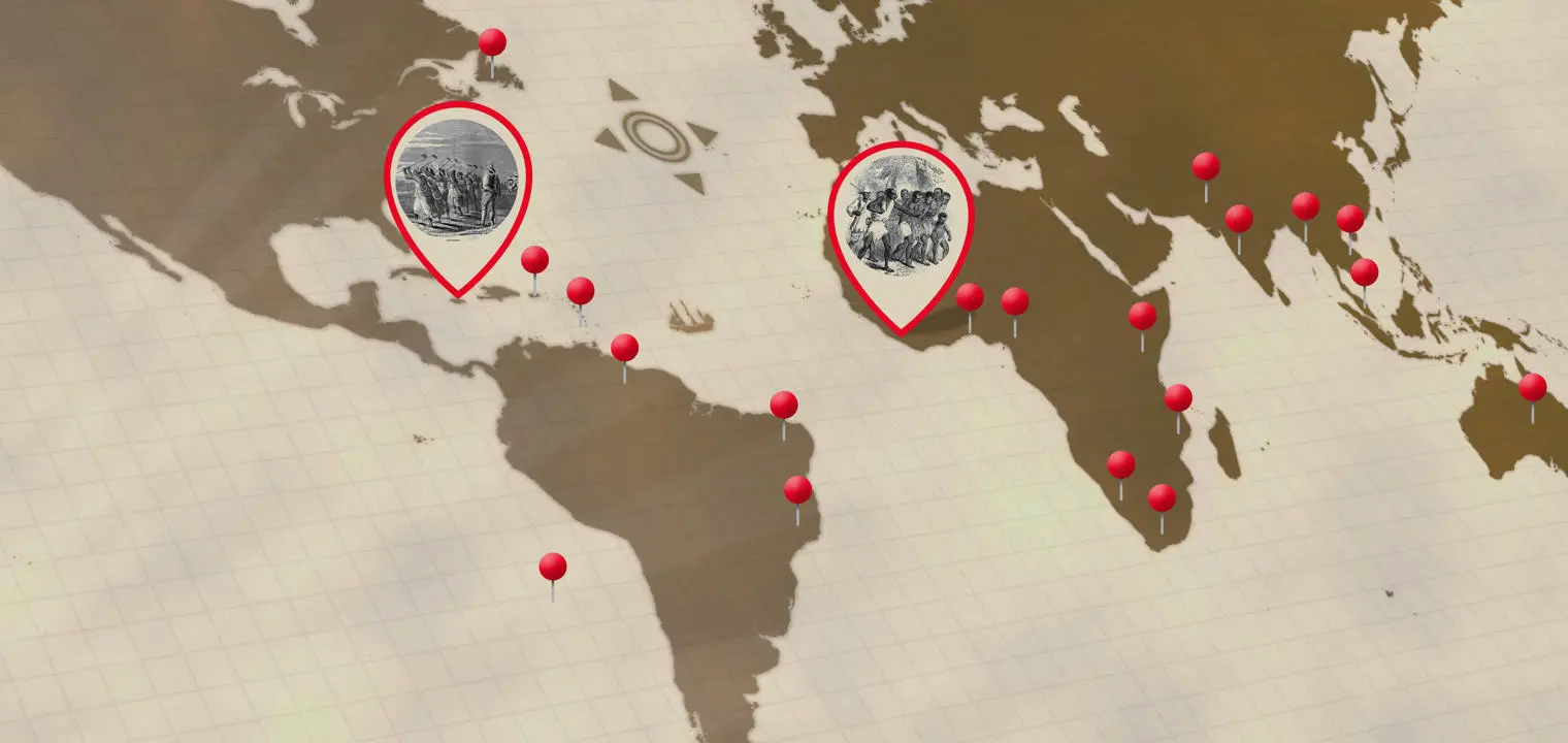 Part of a world map pinpointing the Caribbean and Africa