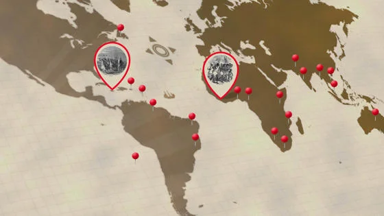 Part of a world map pinpointing the Caribbean and Africa