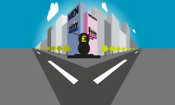 Graphic depiction of a set of scales showing that men are paid more than women