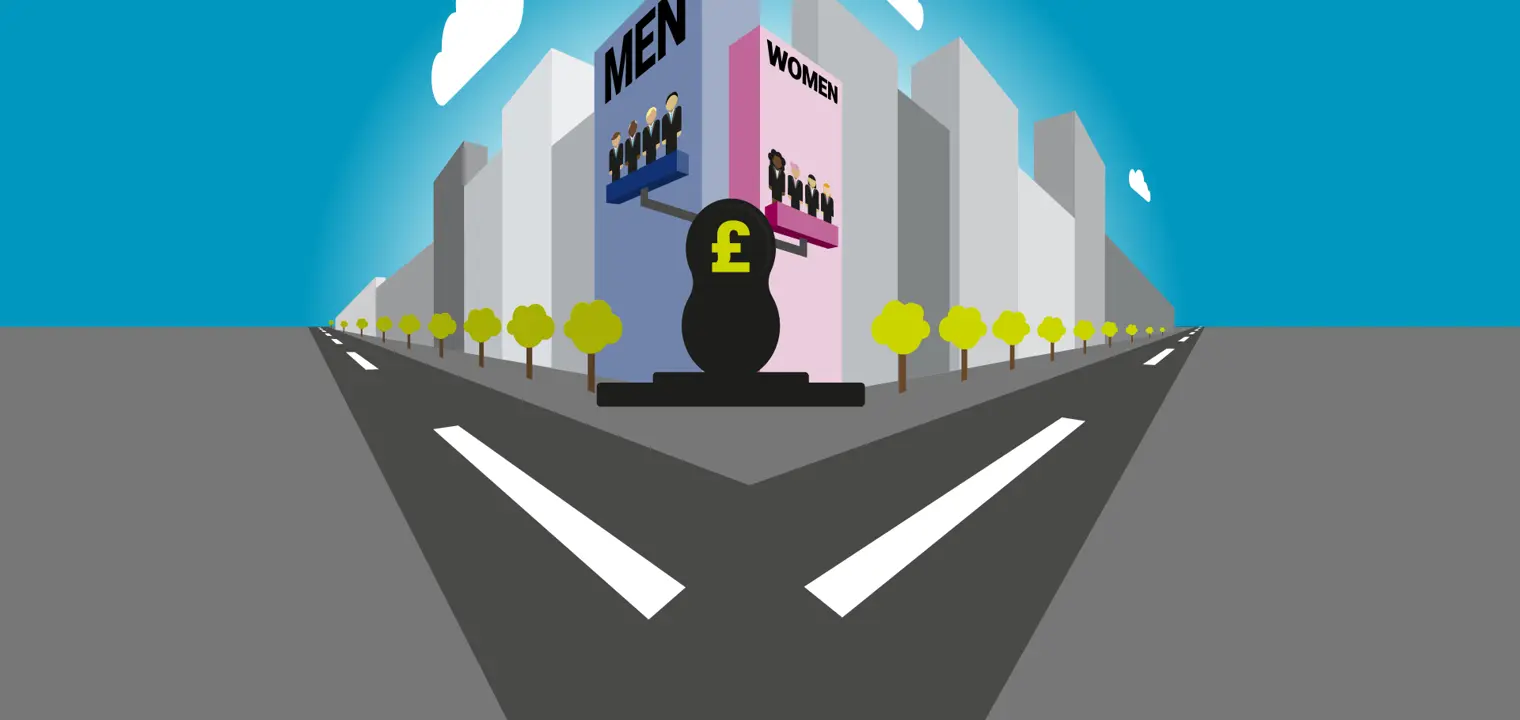 Graphic depiction of a set of scales showing that men are paid more than women