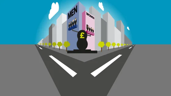 Graphic depiction of a set of scales showing that men are paid more than women