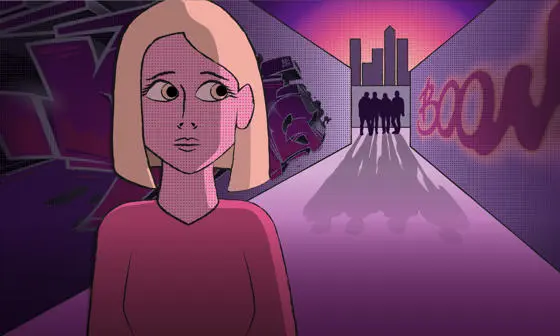 A scared woman in a city