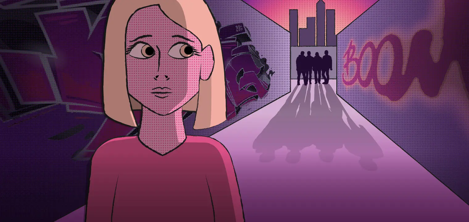 A scared woman in a city