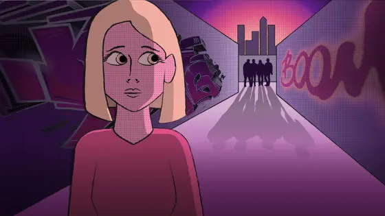 A scared woman in a city