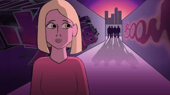 A scared woman in a city