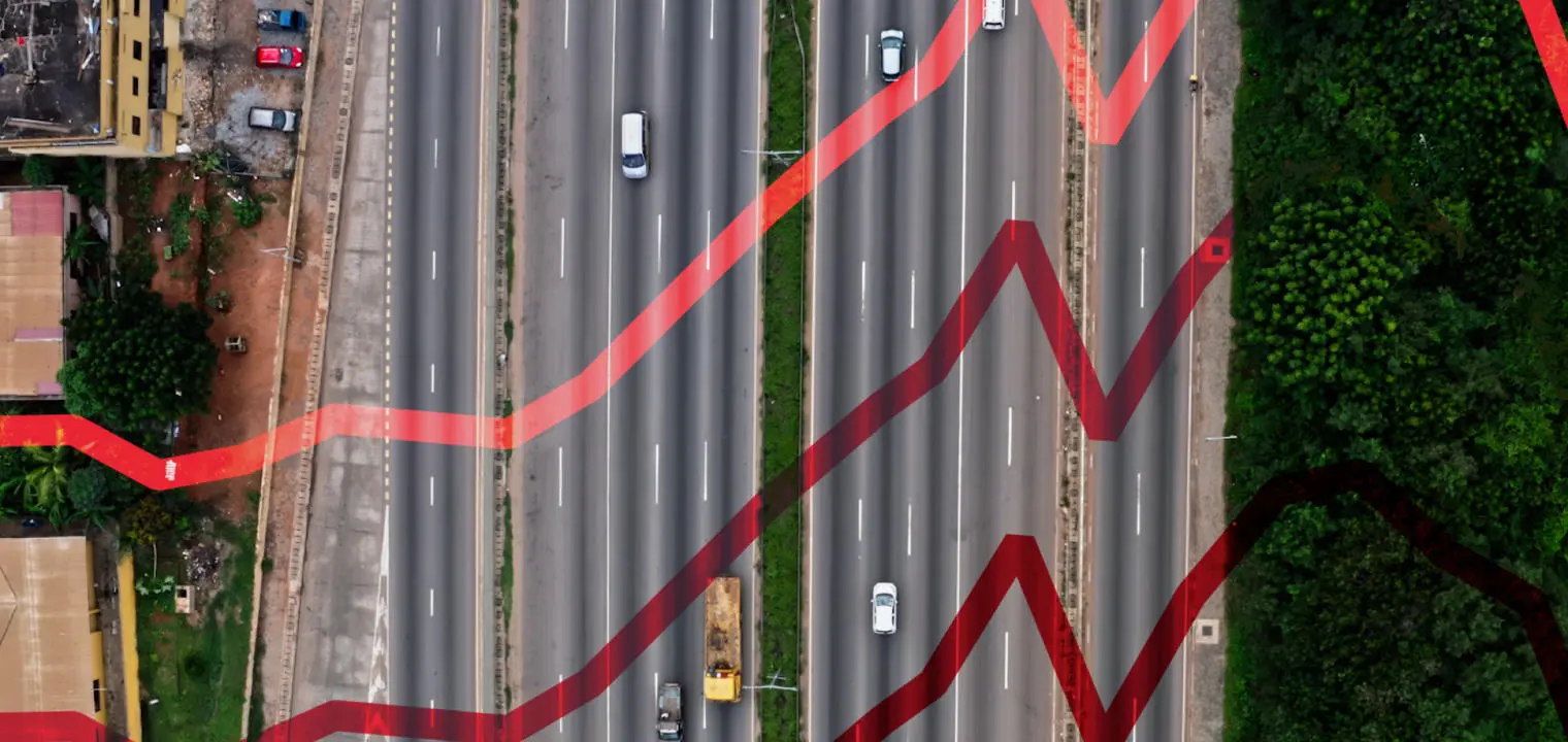 An aerial view of cars on a highway