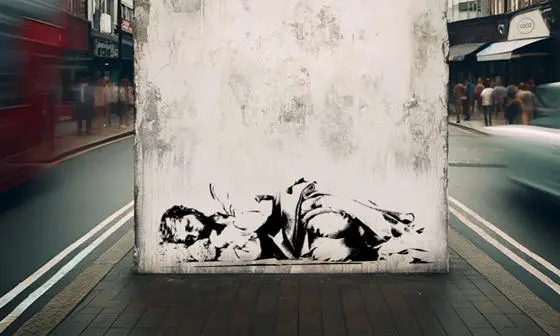 A Banksy-style graffiti of a homeless person on a wall in London